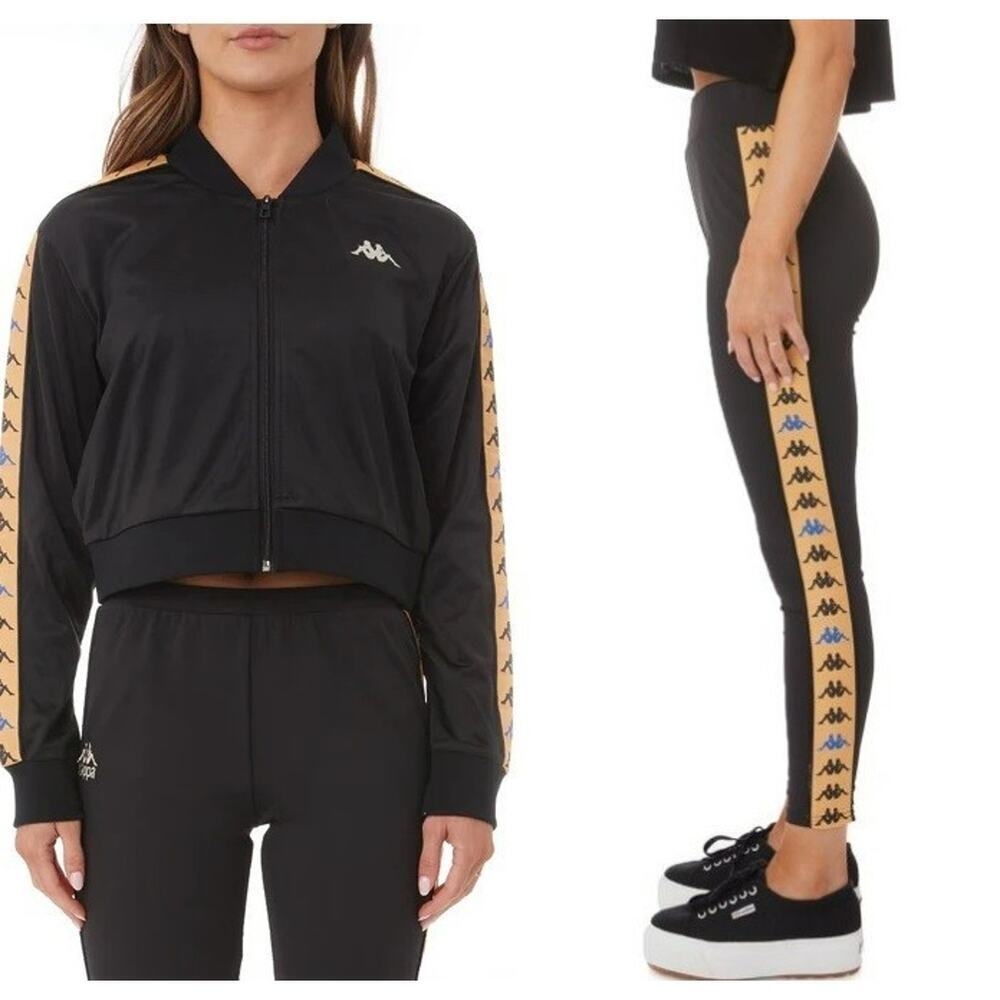 Kappa 222 Banda Osbar Track Jacket & Leggings Set Womens Sz XS Black Cropped Zip